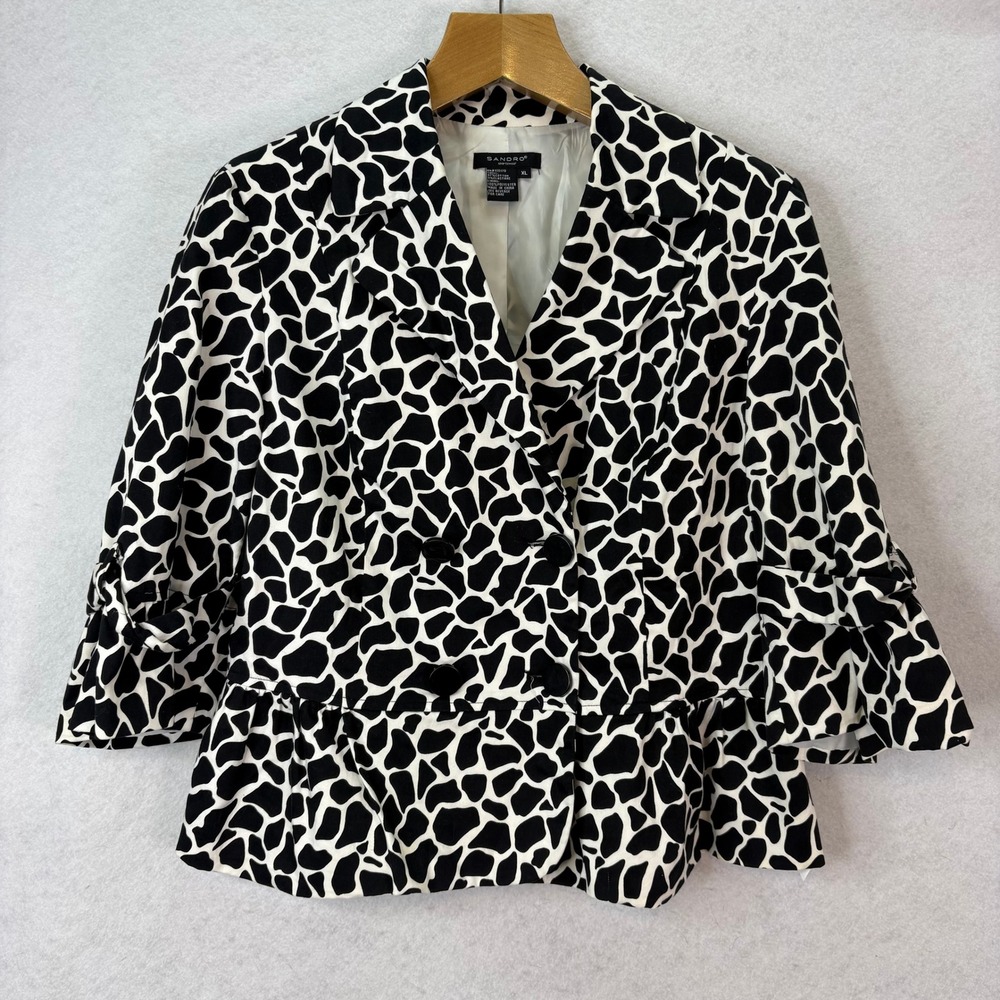 Sandro Black White Giraffe Print Cotton Peplum Blazer Women XL Mob Wife Chic‎